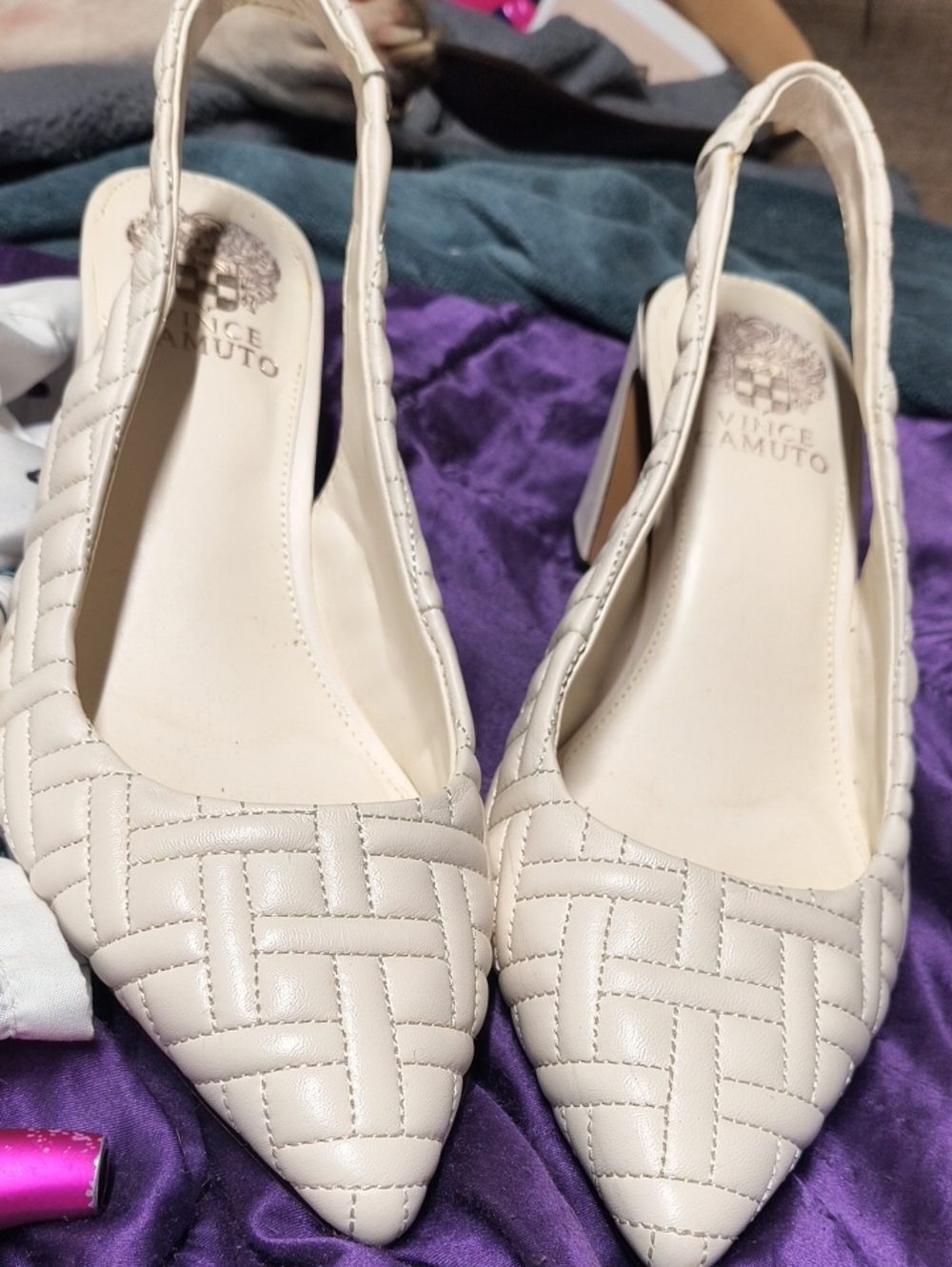 Vince Camuto Cream Woven Pointed Slingback Heels